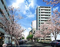 外観完成予想CG※図面を基に描き起こしたもので、実際とは多少異なります。植栽の種類等については未確定となり、特定の季節の状況を示すものではありません。竣工時には完成予想図程度には成長しておりません。