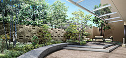 [エリアガーデン完成予想CG] 開放感のある空間構成と緑豊かな植栽計画を基本に、“光と緑のレジデンス街区”を目指した『THEパームス戸田マスターグレイス』。その潤いの懐が、「グレイスラウンジ」正面に広がる中庭「エアリーフガーデン」です。