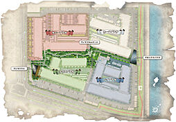 [敷地配置図] 敷地内は4つのゾーンに分けられ、それぞれの住棟が面する周辺環境に応じて、表情の異なるデザインが施されています。また、敷地中央には緑豊かな遊歩道「ヴィラプロムナード」を配置。