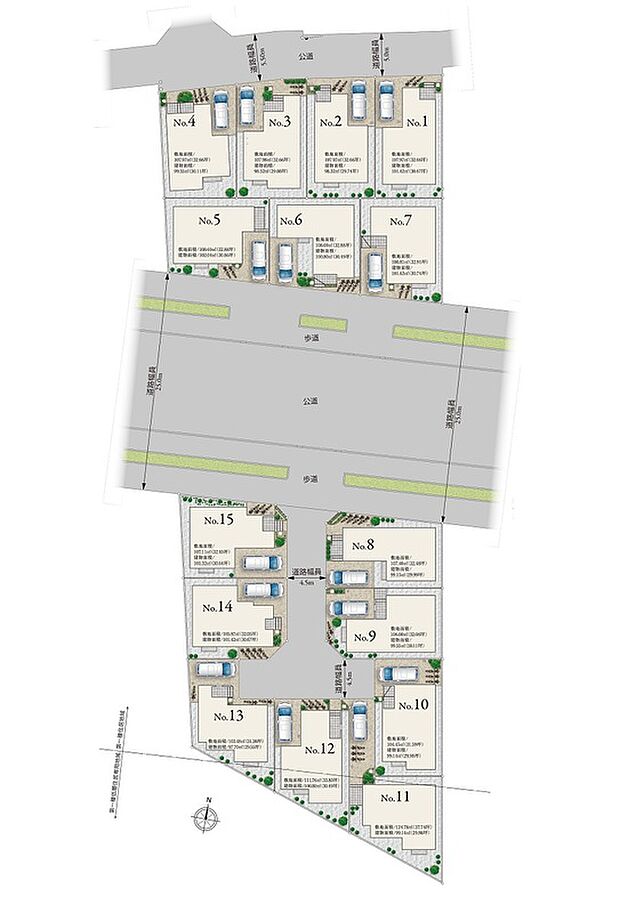 【区画図】
太陽光発電+蓄電池を標準装備!一部電柱地中化や歩道が整備されたゆとりある道路など、大きな青空を感じる開放的かつエコロジーな街です。収納率や快適設備などによる暮らし良い新生活をこの地で。