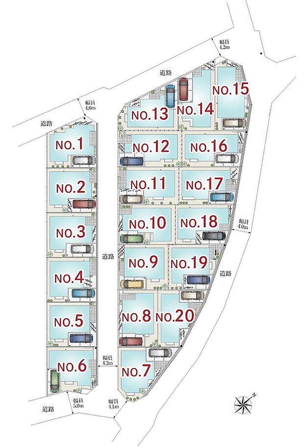 【【全体区画図】】全区画敷地面積100m2超！角地を含む総20区画の街並み。全邸駐車スペース付き、アクティブなファミリーにぴったりの開放感あふれる住まいです。