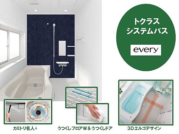 【浴室の湿気を防ぐ浴室換気暖房乾燥機を備えたオートバス】浴室内がより広く感じられる視覚効果がある3Dエルゴデザインを採用し、のびのび快適な動作を可能にしたバスルーム。保温効果のある2重パン構造、水はけがよくお手入れがしやすい『うつくしフロアW』、シャワーの水流でゴミを中央に集めることができる『カミトリ名人』を備え、安心＆お手入れに配慮しています。