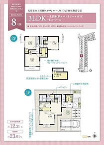 ☆ 8号棟のＰＯＩＮＴ ☆
●LDKはリビングとダイニングをゾーニングしやすいL型。
●パントリーや土間収納など、細やかな収納配置。
●Eスペースは固定階段で出入りがしやすく4.0帖の広さ。 