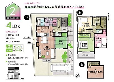 ☆ 2号棟のＰＯＩＮＴ ☆
●LDKと和室が隣接し、20帖超の大空間として一体利用が可能。
●対面キッチン背面に水回りを集約し、家事効率の良いプランニング。
●2階FCLはホールから直接出入りができて大容量。 