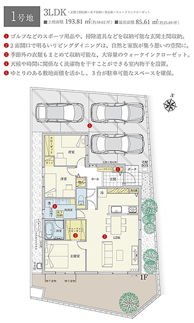 ［プラン図］※図面に基づいて描いているのでプラン及び外構・植栽については、実際とは多少異なる場合があります。また、車・家具・家電・備品等は販売価格に含まれません。