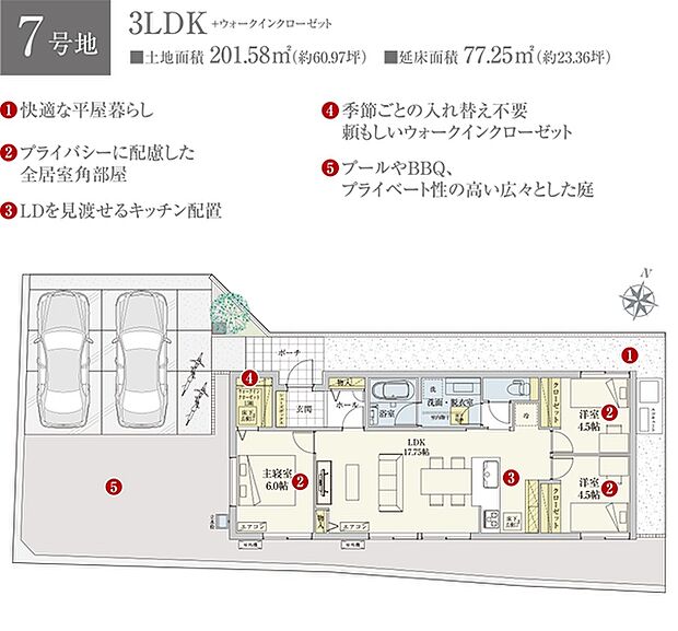 ［7号地 プラン図］※図面に基づいて描いているのでプラン及び外構・植栽については、実際とは多少異なる場合があります。また、車・自転車・家具・家電・備品等は販売価格に含まれません。