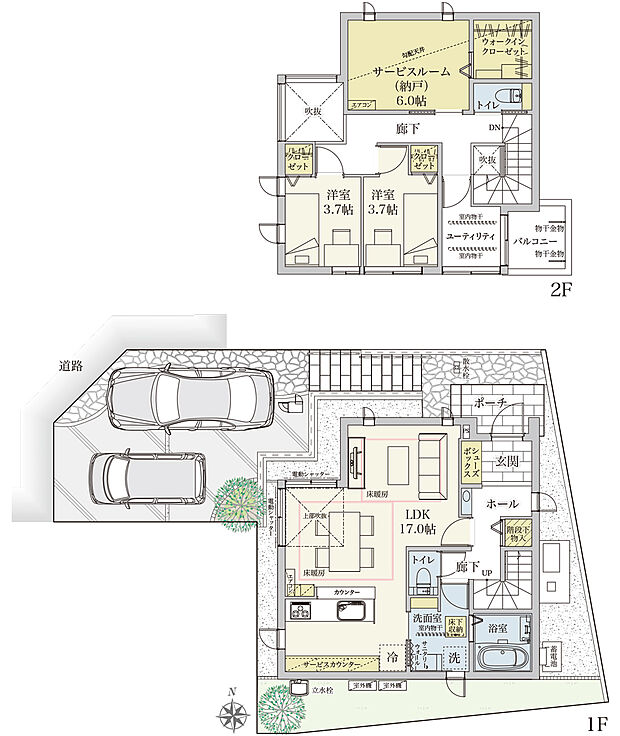 【2LDK】間取・外構植栽図は設計図書を基に描き起こしたもので実際とは多少異なる場合があります。 家具・家電・備品・車等は価格に含まれません。