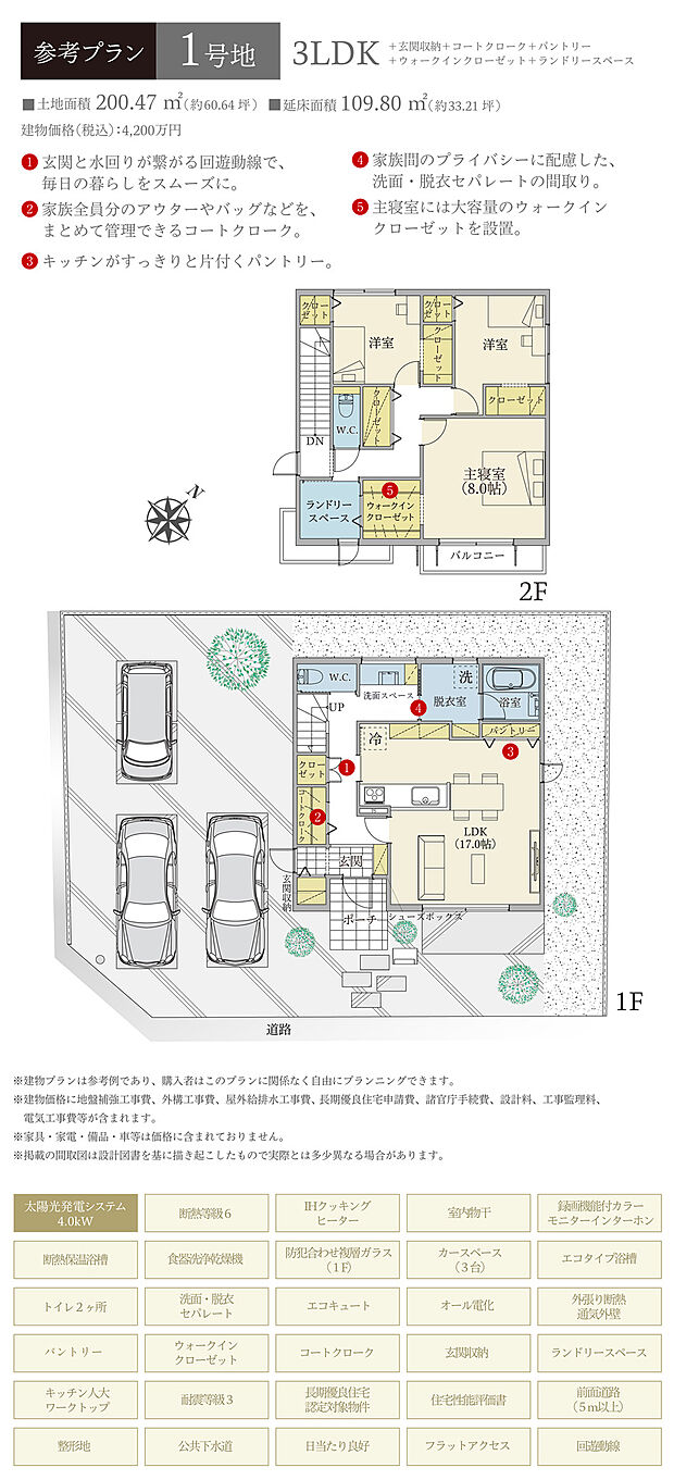 【1号地 建物プラン例（間取り図）】［参考プラン］※建物プランは参考例であり、購入者はこのプランに関係なく、自由にプランニングできます。