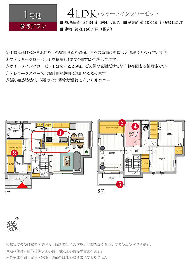 【1号地 建物プラン例（間取り図）】［参考プラン］※建物プランは参考例であり、購入者はこのプランに関係なく、自由にプランニングできます。
