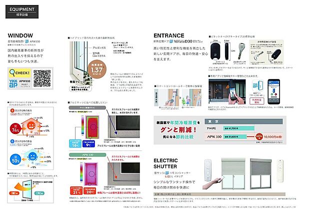 【【高断熱窓と電動シャッターで、快適・便利を標準装備】】国内最高基準の断熱性を誇る樹脂窓「APW 330」を採用。熱の出入りを抑え、夏は涼しく冬は暖かい住まいを実現し、冷暖房費を大幅に削減します。結露も防いで住まいを長持ち。

さらに、毎日の開け閉めが楽な「電動シャッター」や、タグキーでワンタッチ解錠できるスマート玄関ドアも標準仕様。最新の設備が、日々の家事負担を減らし、家族の安心と快適な時間を支えます。