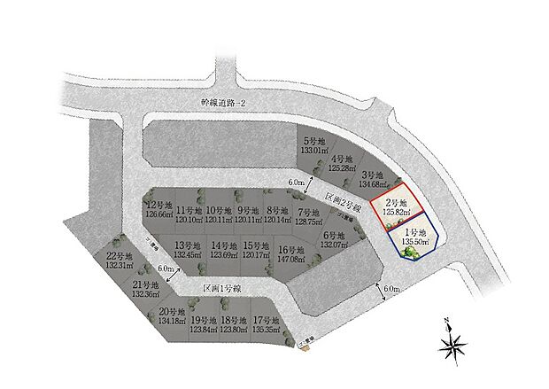 全22区画の分譲地。1号地と2号地は建売販売ですが、その他の区画は自由設計にて販売いたします。