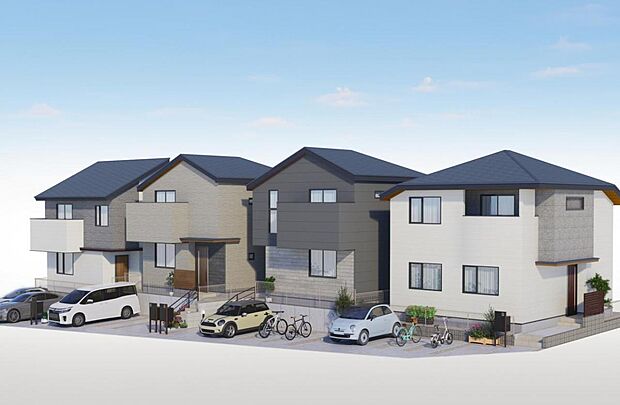 1邸1邸外観カラーや表情、間取りなども異なります。シンプルでスタイリッシュな佇まい。 ※設計図をもとに描き起こしたもので、実際とは異なる場合があります。車は駐車イメージにつき、実際にはございません。