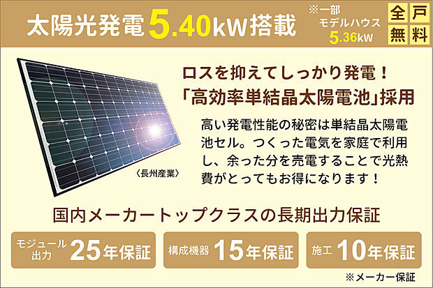【大容量の太陽光発電システム搭載!】ロスを抑えてしっかり発電!「高効率単結晶太陽電池」採用。高い発電性能の秘密は単結晶太陽電池セル。つくった電気を家庭で利用し、余った分を売電することで光熱費がとってもお得になります。(10号地モデルハウスは5.36kW)