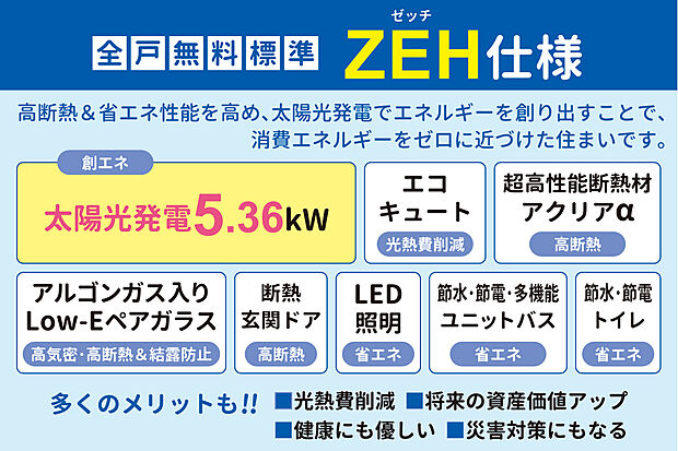 【光熱費がゼロに近づく【ZEH仕様】付】大容量の太陽光発電付!高性能断熱材やLow-Eペアガラス等で断熱性・気密性が高い住まい!省エネで健康・環境に優しい暮らしを実現します。