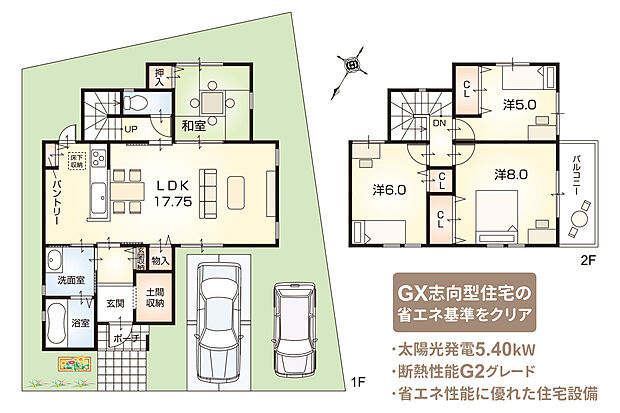 【2号地 自由設計プラン例（注文家創り）】すっきり暮らせる4LDKプラン！土間収納やパントリー、リビング物入等、物であふれやすい場所に収納を確保。キッチン、洗面室、玄関を回遊できる、家事や子育てをしやすいスムーズな動線もポイントです。（建物面積98.53ｍ2）
