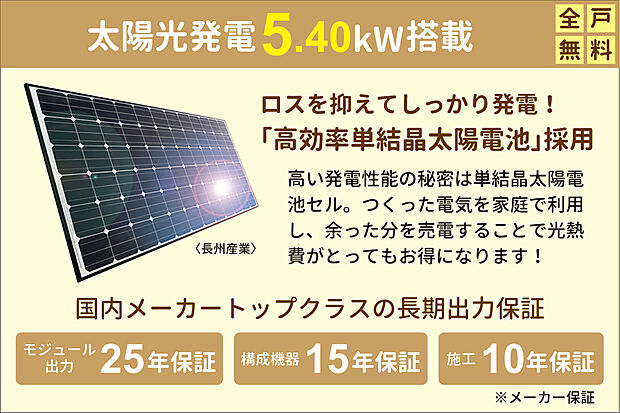 【太陽光発電5.40kw搭載】ロスを抑えてしっかり発電!「高効率単結晶太陽電池」採用。高い発電性能の秘密は単結晶太陽電池セル。つくった電気を家庭で利用し、余った分を売電することで光熱費がとってもお得になります。