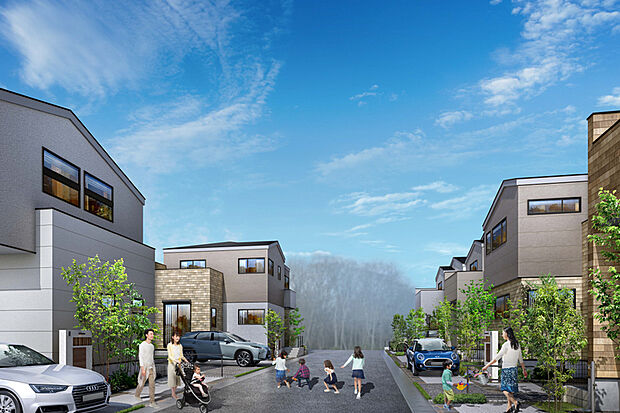 木調の外壁材と柔らかなトーンでまとめた街並み。国産材の外壁は家づくりを森づくりに繋げるエコ素材です。緑と陽だまり、交流を育む道が連なり、ゆったりと憩いを味わう穏やかな「杜の街」を描き出しました。