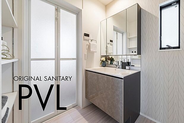 【ポラスオリジナル/PVL】高級感のある鏡面の面材とゲルコート人工大理石カウンターのポラスオリジナル洗面化粧台。