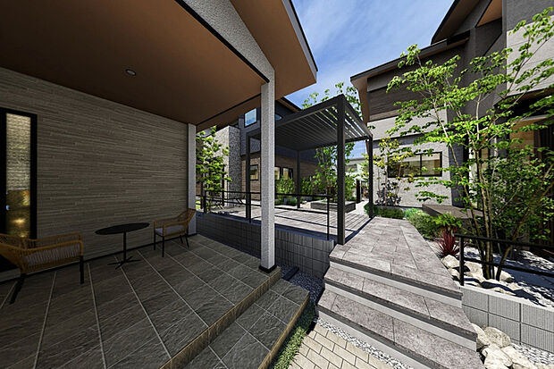 【--】一番のこだわりは、街の真ん中を通る「ステイパス」。ここは単なる道ではなく、ベンチに座ってひと休みしたり、お隣さんと挨拶を交わしたりできる、みんなの「外のリビング」のような場所です。