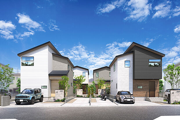 【緑と光を纏った全6邸の彩り住区】
素材感を大切にしたマテリアルの組み合わせ、洗練と温もりが融け合う外観デザインが、アプローチに設けた植栽やエクステリアアイテムや陽光を採り込むガーデンスペースと相まって、彩りゆたかな街並みを描き出します。※街並み完成予想図