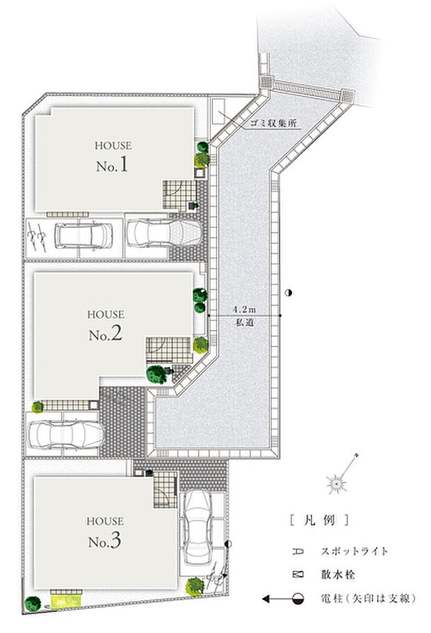 【家族らしさと住民のつながりを育む、安心な全3邸】
奥行きのあるカースペースと、交通量の少ない安心・安全な袋路を設けました。健やかなコミュニティと豊かなつながりを育める街並みを形成します。