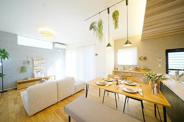 【【ショップレール】】リビングダイニングの天井にショップレールを設置。洗練されたライティングで室内を照らし、観葉植物などを飾ることもできます。※号棟により採用状況が異なります。※モデルハウス1号棟(2025年11月撮影)