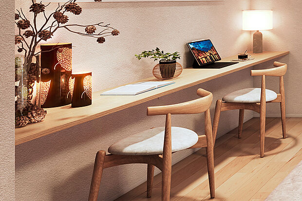 【【ロングカウンター】】家族が横並びをしてもゆとりがあるカウンターを確保。隣同士で一緒に勉強をしたり、読書や調べ物などそれぞれが思い思いの時間を過ごす場所としても活躍します。※3号棟LDK完成予想図(分譲済)