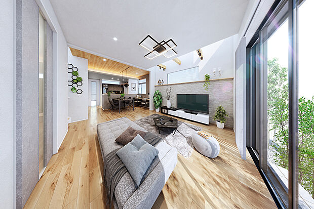 【【吹抜リビング・ダイニング】】吹抜を中心に上下へと広がる、立体的な開放感が魅力のLDK。LDK全体にやわらかな明るさをもたらし、視覚的な広がりと、心地よい余白を演出します。※2号棟LDK完成予想図