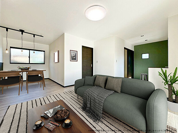 【2号棟LDK CG家具設置イメージ】
※画像に含まれる家具家電はCGで作成したイメージです。実際の物件には付帯しません。