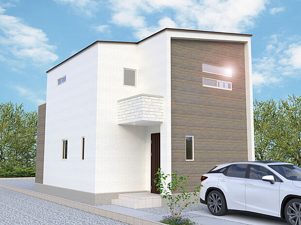 【3号棟外観完成予想図】※パースは設計図面を基にした完成予想図です。
異素材を組み合わせた個性的なデザインが際立ちます！ 個性あふれる外観は、住む方のこだわりを表現してくれる特別な一軒！