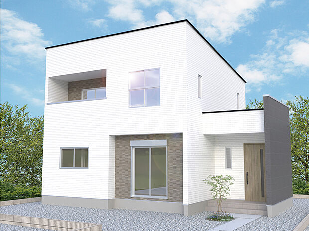 【4号棟外観完成予想図】
白を基調としたシンプルで洗練されたフォルムが魅力的です！ワイドな窓から光と風を多く取り込み、いつも明るく快適なリビングで過ごせますね！
※設計図面を基にした完成予想図です。