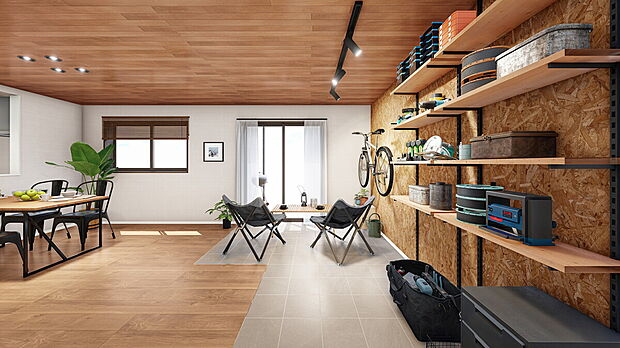 【アウトドアを楽しむ家　施工イメージ】
タイルの床にOSB合板の壁。耐久性の高い二種類の素材を組み合わせることで、遊び心のあるアクティブさを演出したリビング。
※画像はイメージです