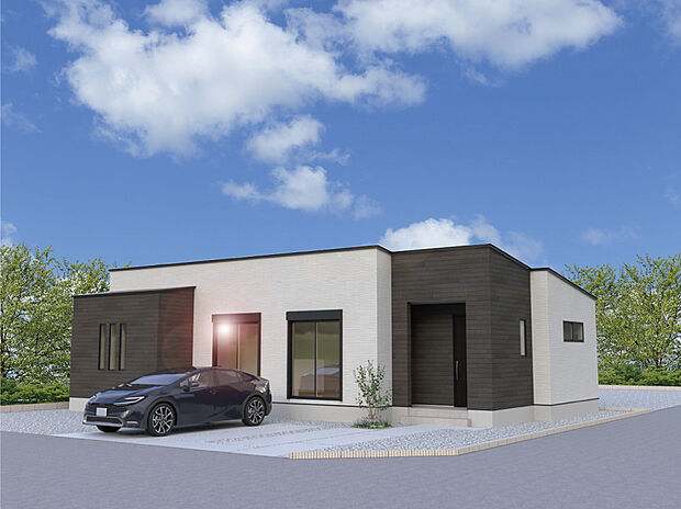 【3号棟外観完成予想図】※パースは設計図面を基にした完成予想図です。白と黒のコントラストが都会的でおしゃれな、モダンデザインの平屋です！ワンフロアで完結する暮らしは、家族の距離が縮まります♪