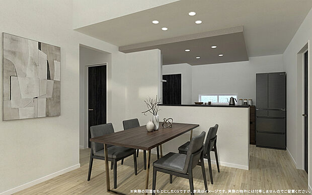 白とグレーの対比が美しい、洗練されたダイニングです!対面式キッチンなので、お料理中もご家族との会話が弾みます。お子様の様子を見守りながら、手際よく家事がこなせる効率的なレイアウトになっています♪