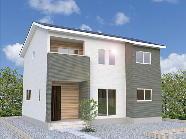 【【3号棟　完成予想図】】落ち着いたトーンのグリーングレーと白のデザインで、街並みに上品に馴染みます！陽当たりの良いバルコニーで、洗濯物が気持ちよく乾きそうです♪
※設計図面を基にした完成予想図です。