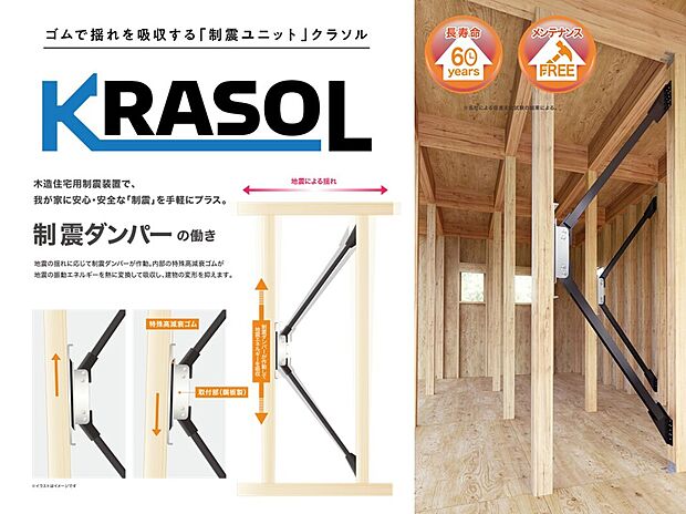 【【地震があっても安心の暮らし　制振装置「KRASOL」】】横尾材木店の家は地震に耐える「耐震等級3」を標準のうえ、さらに制振装置「KRASOL」を標準装備。