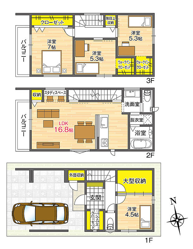 【1号地／モデルハウスプラン】
2階にLDKと水回りを集約した家事ラク動線。リビングの一角にスタディスペースを設けました。SCL、WIC×2、洋室と一体利用できる大型収納など豊富な収納を確保しています