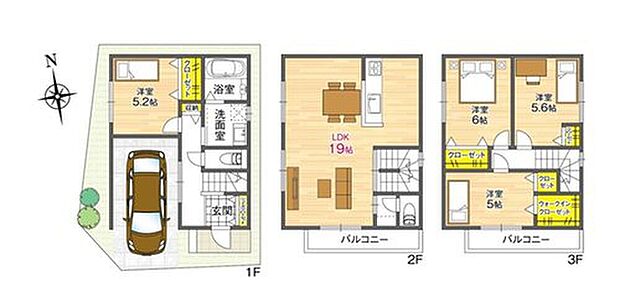 【【2号地/参考プラン】】開放感のある南西角地です。LDKは広々約19帖。対面式キッチンやリビング階段仕様で、ご家族間のコミュニケーションを育みやすい間取りです。