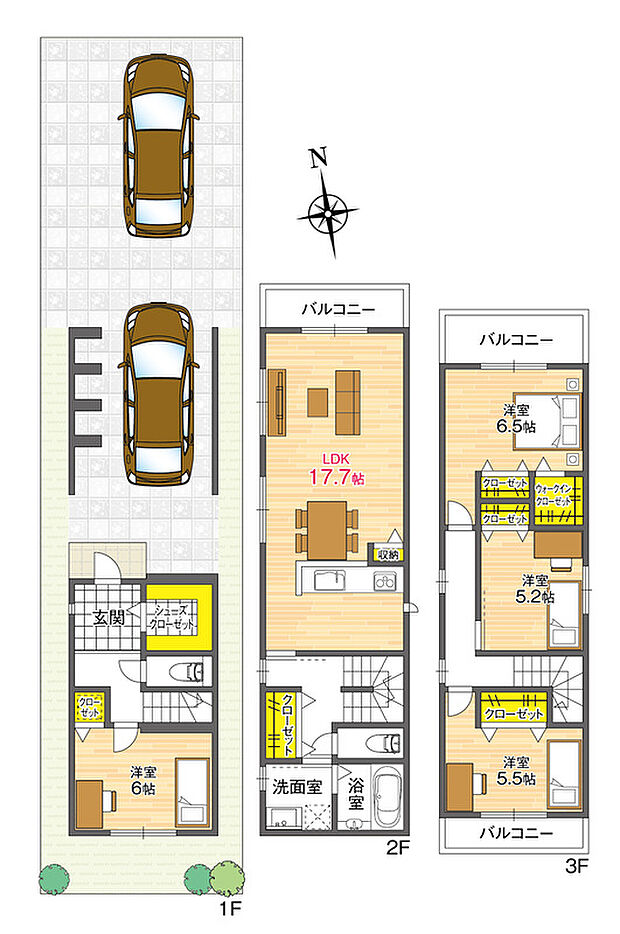 【【参考プラン/3階建】】建物面積108.54m2、建物価格2180万円。LDKは2階に位置しており、外部からの視線を気にせずゆったり寛げます。水回りを2階に集約した、家事・生活動線の良いレイアウトです。