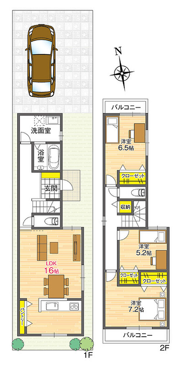 【【参考プラン/2階建】】建物面積 91.74m2、建物価格要お問合せ。2階建ても対応可能!2面バルコニー付き「3LDK」。明るい3面採光のLDKは約16.0帖。キッチンはご家族やゲストとの会話が弾む対面仕様♪