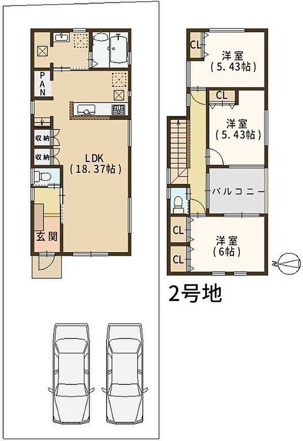 【リベロスクウェア　小山藤の里2号地】【2号地】条件付き土地参考プラン図
土地面積　139.39m2　土地価格2062万円
建物面積　89.43m2　建物価格　1636万円
※2階トイレはオプションとなります。