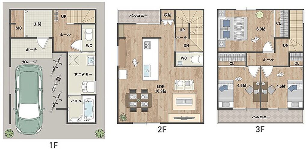 【間取り図/2号地コンセプトハウス】
回遊性のあるキッチンを中心に配置した、18帖超のゆったりと過ごせる2階LDK。1階に水回りを集約。3階の洋室3部屋は、ライフスタイルにあわせて使い分けが可能です。