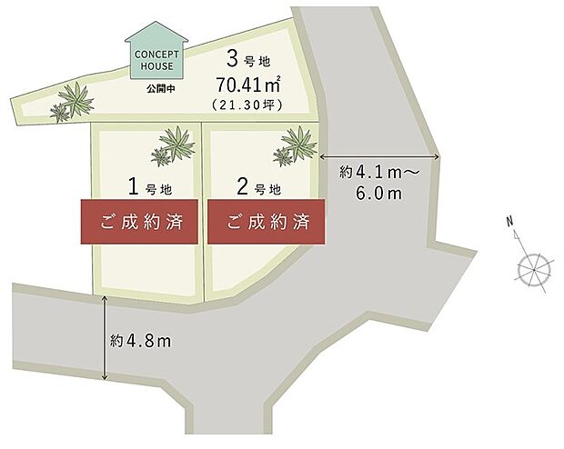 【全体区画図】
3号地コンセプトハウス!前面道路はアスファルト舗装されているので、自転車やベビーカーの利用もスムーズです◎ぜひ現地をご見学ください。