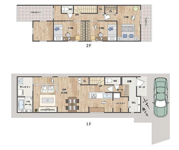 【4号地・間取り図】
1階にLDKと水回りを集約した家事・生活動線良好なプラン。SCLからパントリーへ出入りができ、回遊性のある間取り設計です。バルコニーを2面に設け、通風も良好です。