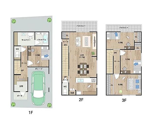 【間取り図】
バルコニーサイドの2階LDKは約17.7帖の明るい団欒空間◎4部屋の洋室は全て振り分けタイプで、ご家族それぞれのプライバシーを守りながら暮らせます。