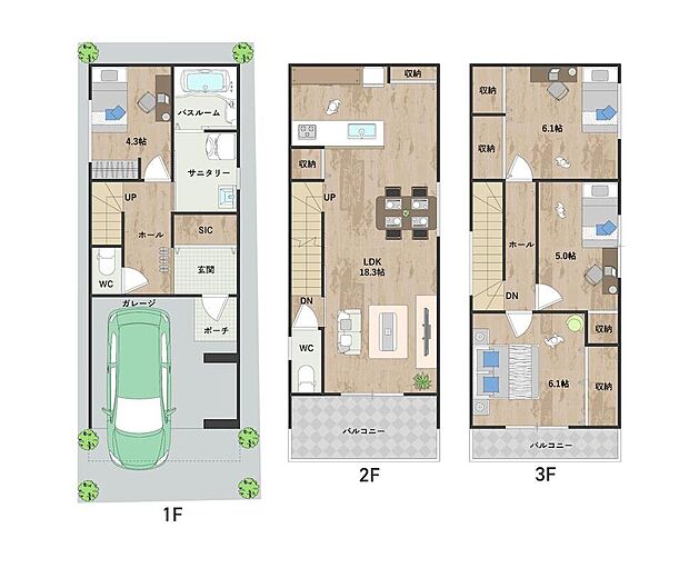 【3号地・参考プラン図】
LDKは18帖超、ご家族の会話が弾む対面式キッチンを採用。全居室収納に加え、SICを備えた収納豊富な設計です。《建物面積102.05m2、建物価格1833万円》