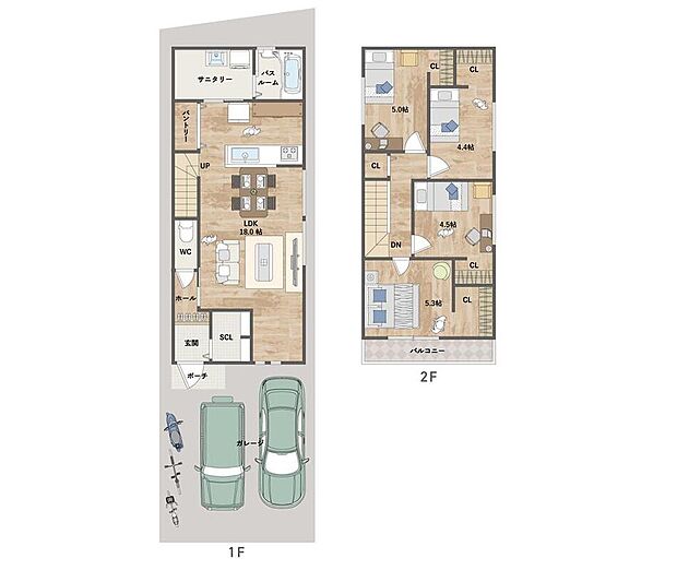 【4LDK】1階にLDKと水廻り、2階に居室を配置。LDKはゆとりのある約18.0帖！リビング階段を設け、ご家族のコミュニケーションも弾みそう◎大容量のSCLやパントリー、全居室収納など、豊富な収納が魅力の住まいです。