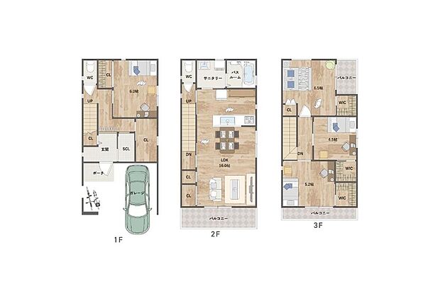 【4LDK】LDKは南向きバルコニーに面し、陽当り良好！全居室の収納に加え、WICやホール収納など随所に収納があり、すっきりとした暮らしが叶います。1台分のインナーガレージ付き(車種による)。
