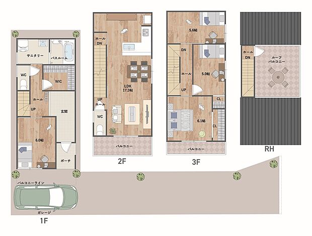 ルーフバルコニー付きプラン。LDKは17帖超のゆとりある広さがあり、ご家族でゆったり団らん時間を過ごせます。1階に大容量のWICを設けました。《建物面積 108.33m2、建物価格1850万円》
