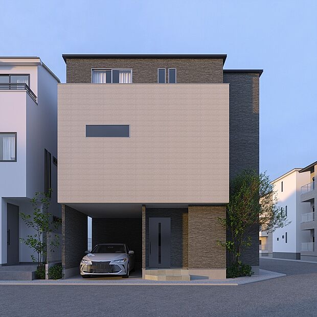【【外観パース図/9号地】】角地に建つ9号地。質感の異なる外壁を採用しており、角度によって違った表情を楽しめる外観デザインです。ゆとりの広さの3階建ての住まい。6帖超の洋室を2部屋備えた4LDKです。
